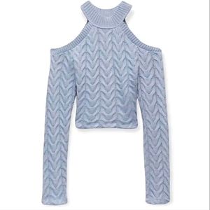 Zara Pastel Blue Cut Out Shoulders Turtleneck Cable Knit Cropped Sweater, size L